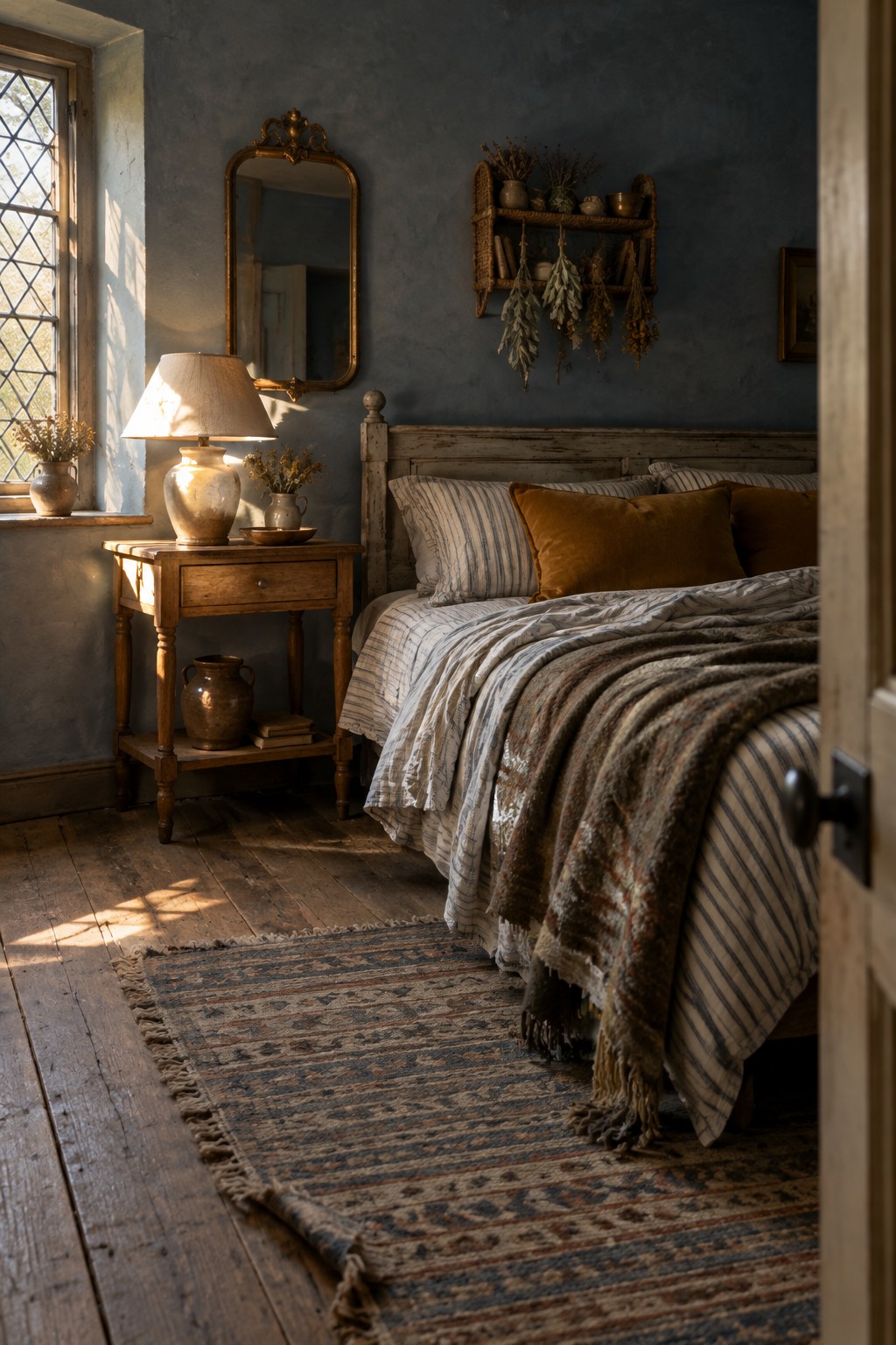 A bedroom with striped bedding, a muted patterned throw, and a rust-colored pillow.