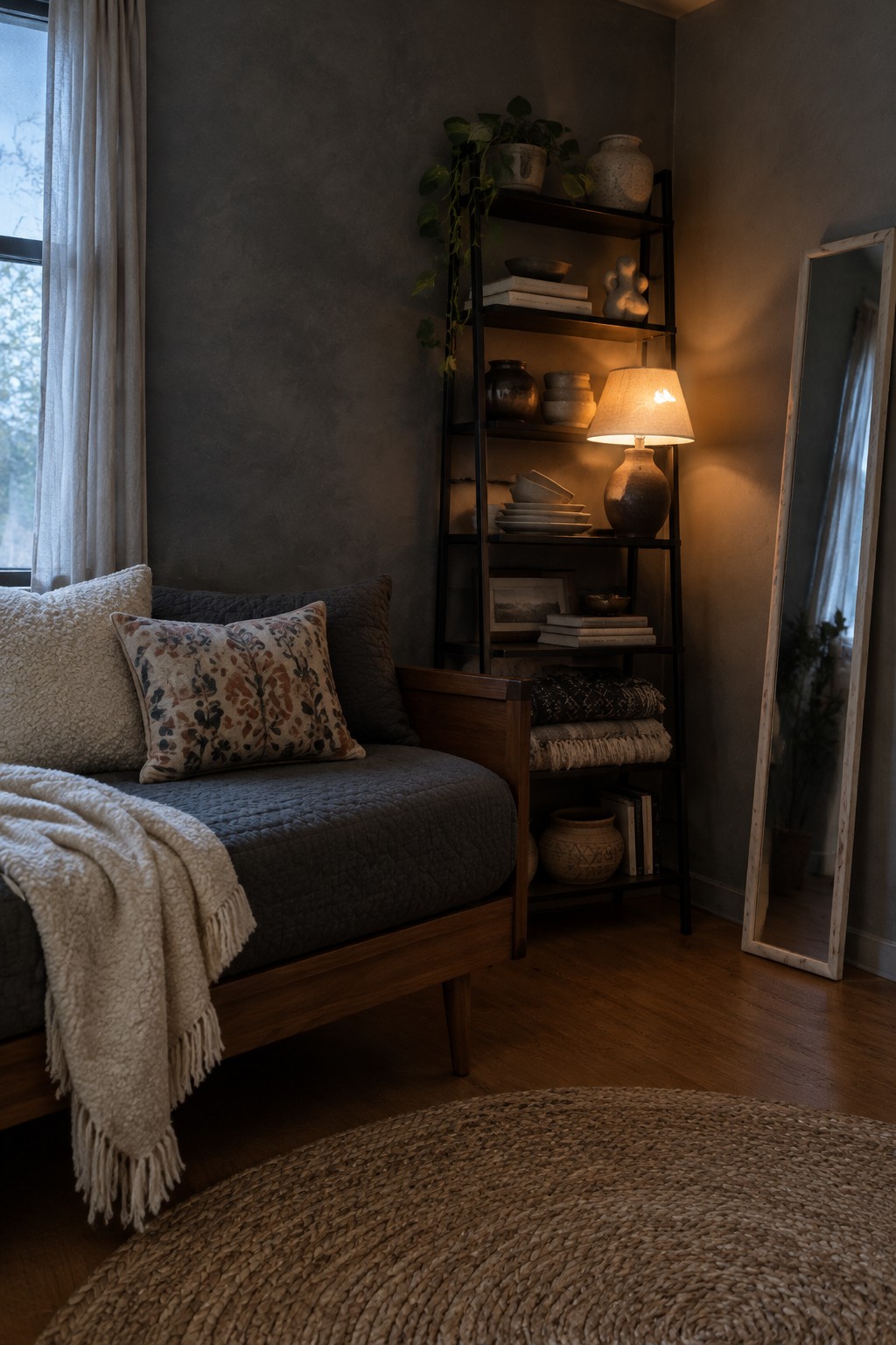 A dark quilted daybed is layered with a cream fringed throw and patterned cushions beside a lit floor lamp.