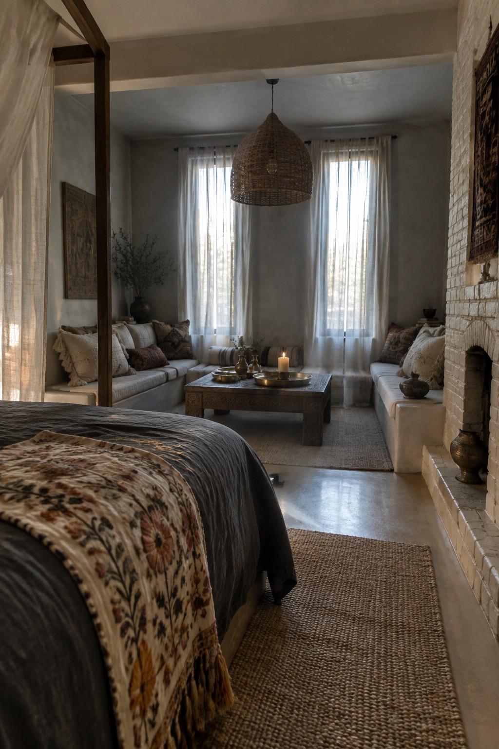 A dark wood canopy bed stands in front of a sitting area with built-in sofas, sheer curtains, and a woven pendant light.