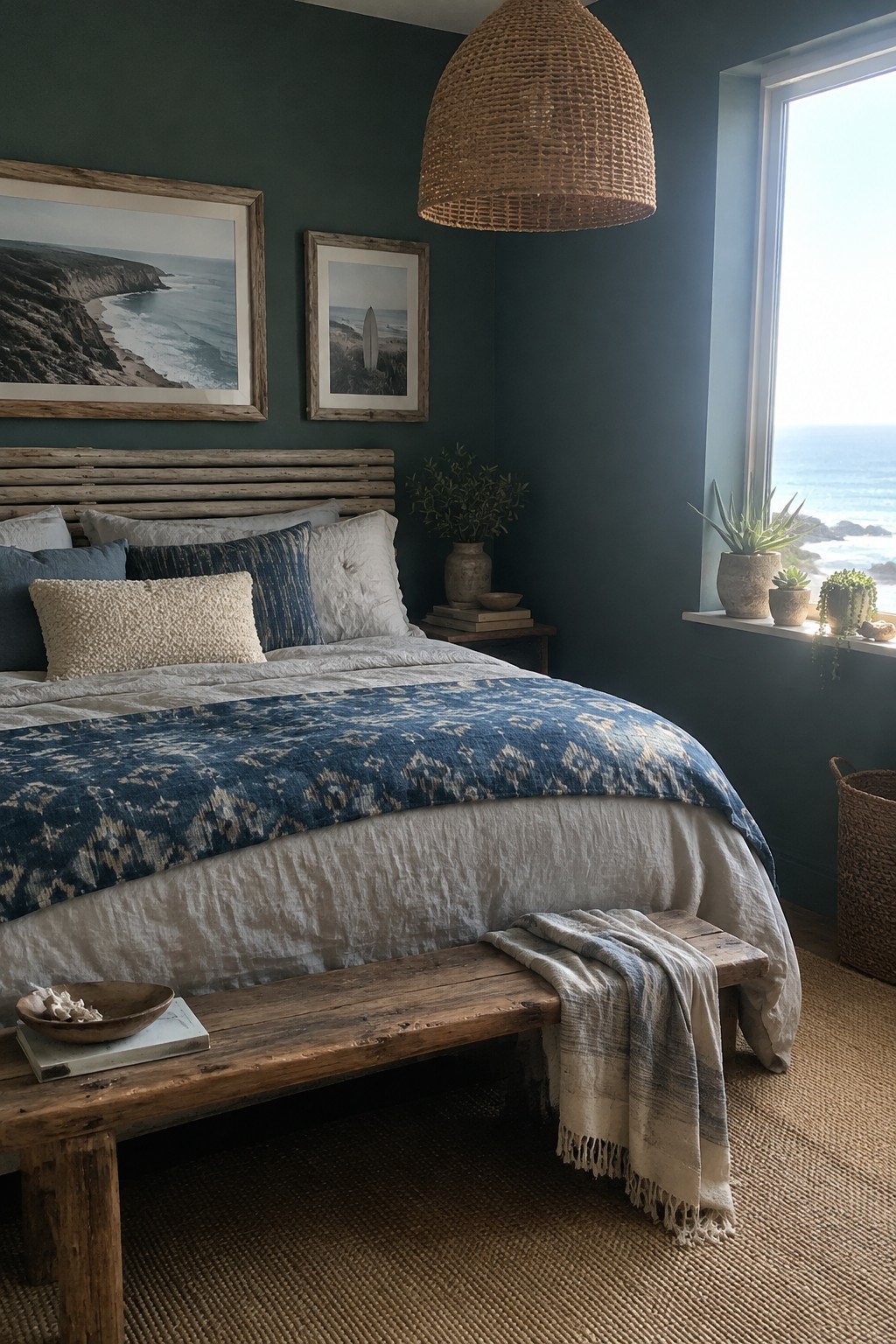 A bedroom with dark green walls, layered white pillows, and a blue patterned throw across the bed.