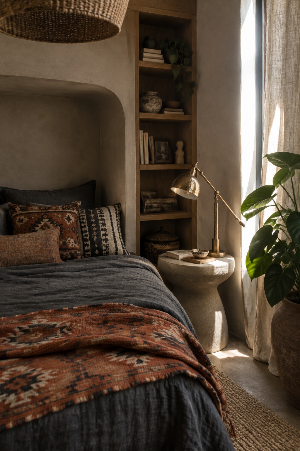 A bed with dark gray bedding, patterned pillows, and a rust-colored throw sits against a rounded built-in headboard.