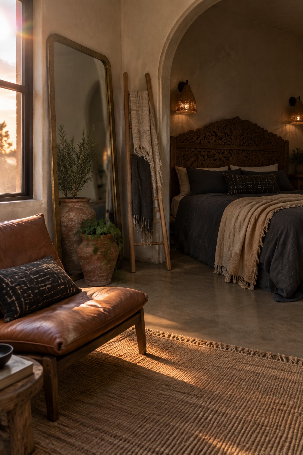A bedroom with a carved wooden headboard, charcoal bedding, patterned cushions, and a beige throw.