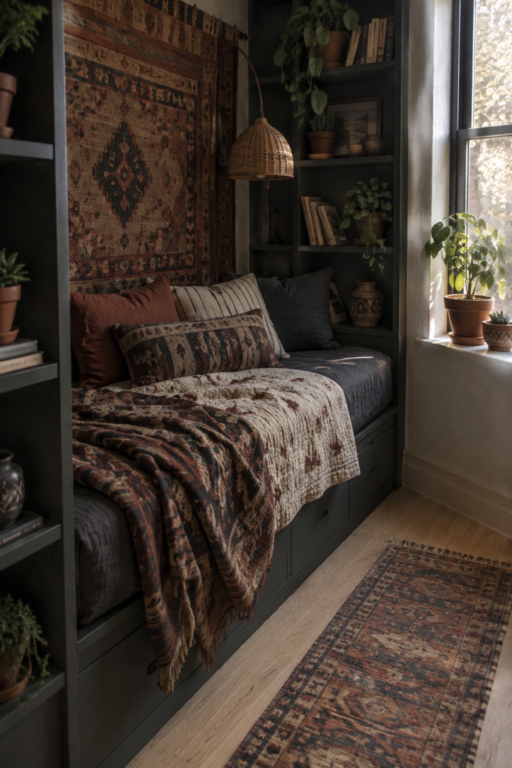 A built-in dark daybed with patterned quilts and pillows sits beside shelves and a window.