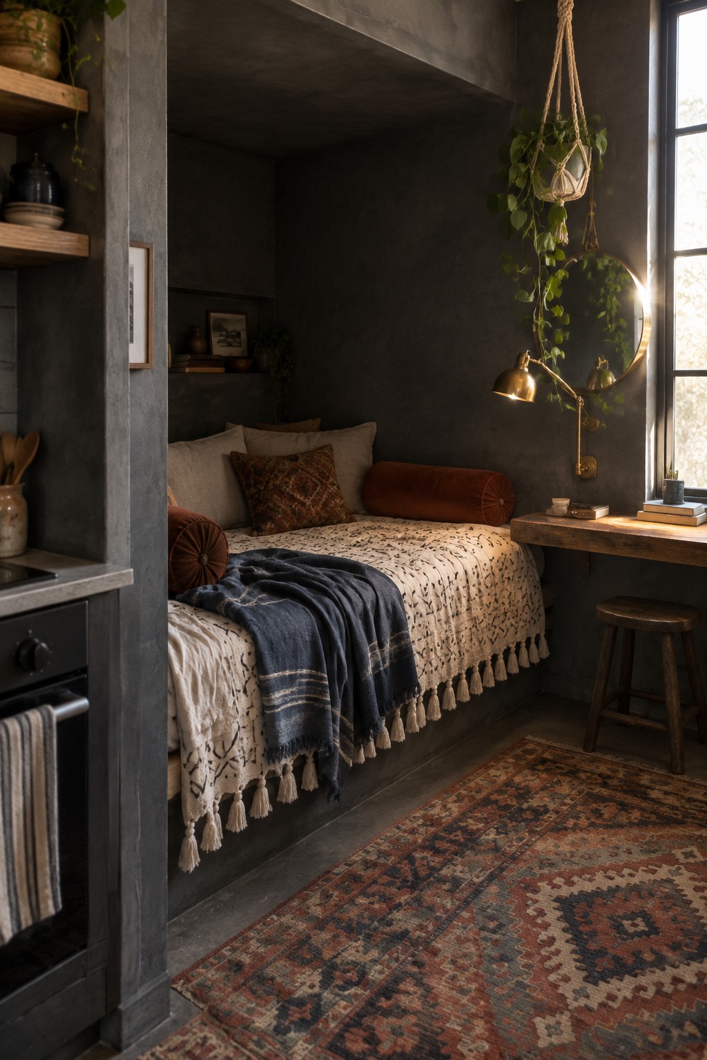 A bed in a dark gray alcove has a cream patterned bedspread, rust-colored bolster pillows, and a navy throw.