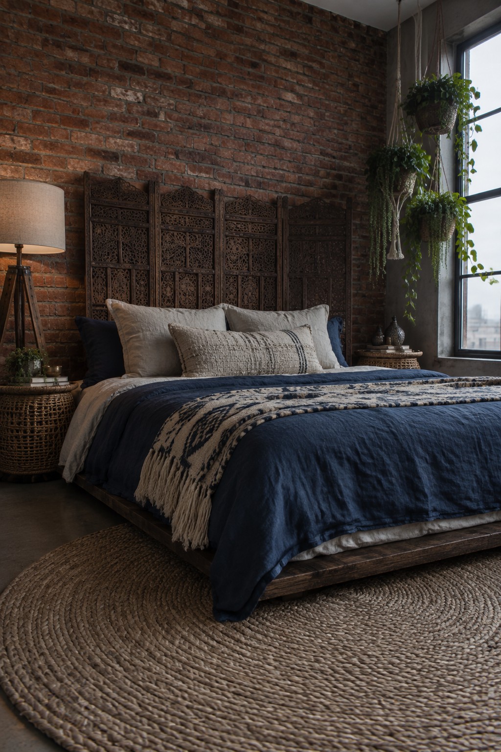 A bedroom with a navy bedspread, cream patterned throw, woven rug, brick wall, and hanging plants.