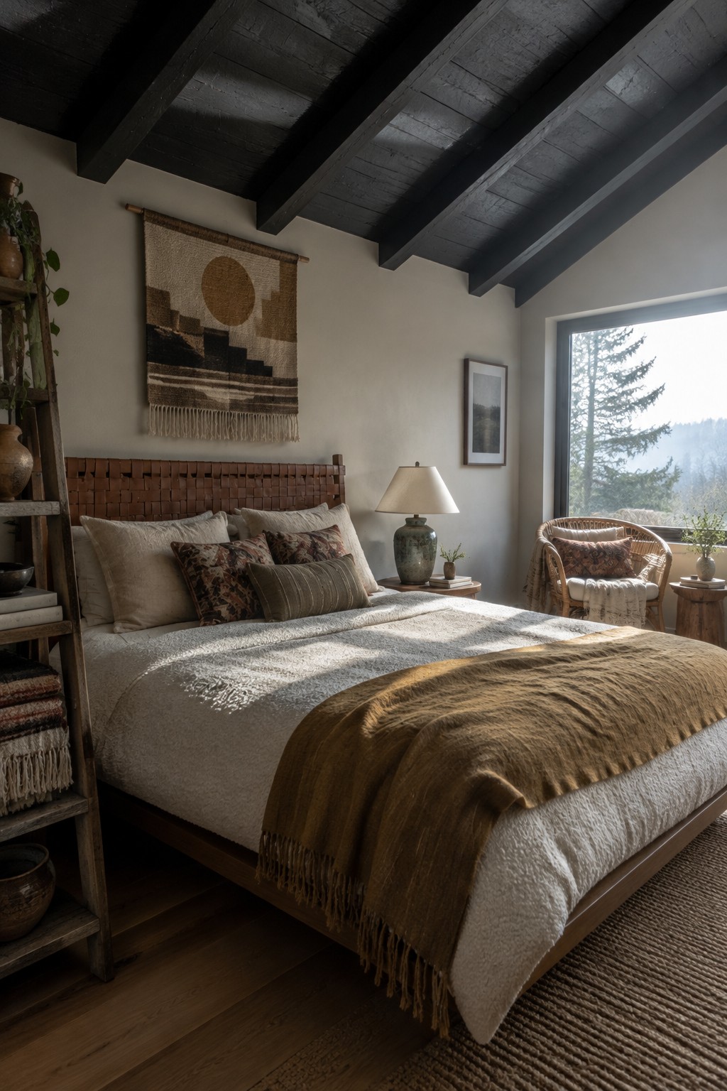 A bedroom with a woven brown headboard, patterned pillows, cream bedding, and a rust-colored throw.