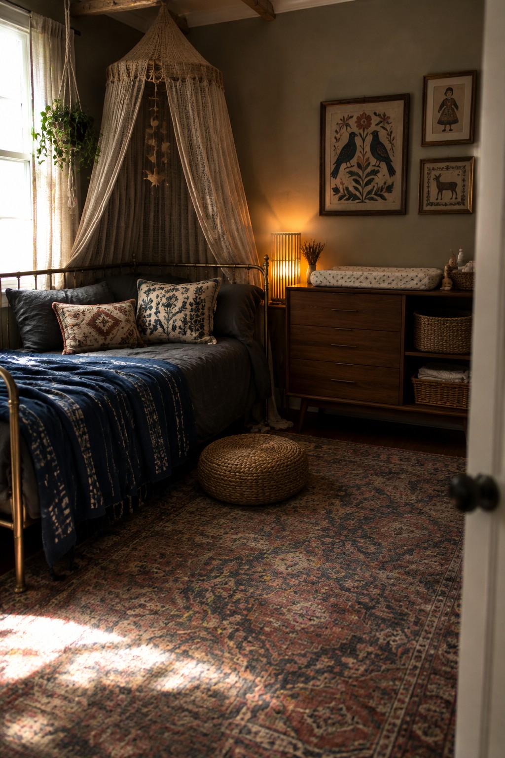 A dark bedroom with patterned pillows, layered bedding, a woven canopy, and a patterned rug.