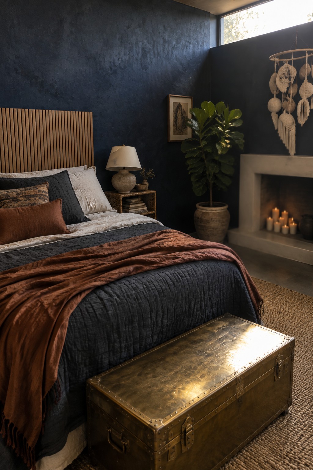 A rust-colored throw lies across charcoal bedding in a bedroom with a wood-slat headboard and dark walls.