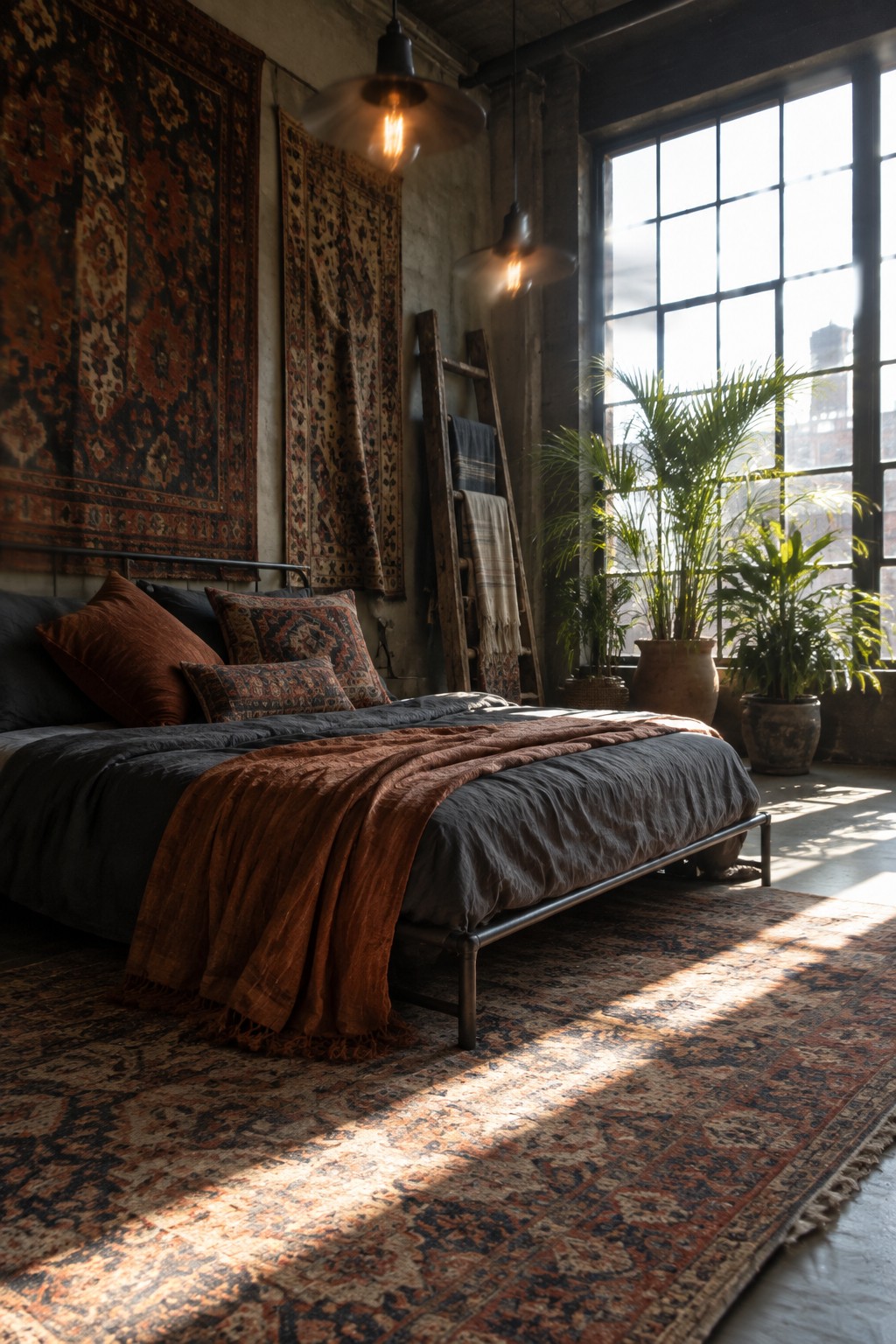 A bedroom with dark gray bedding, rust-colored pillows and throw, patterned rugs on the wall and floor, and large windows.