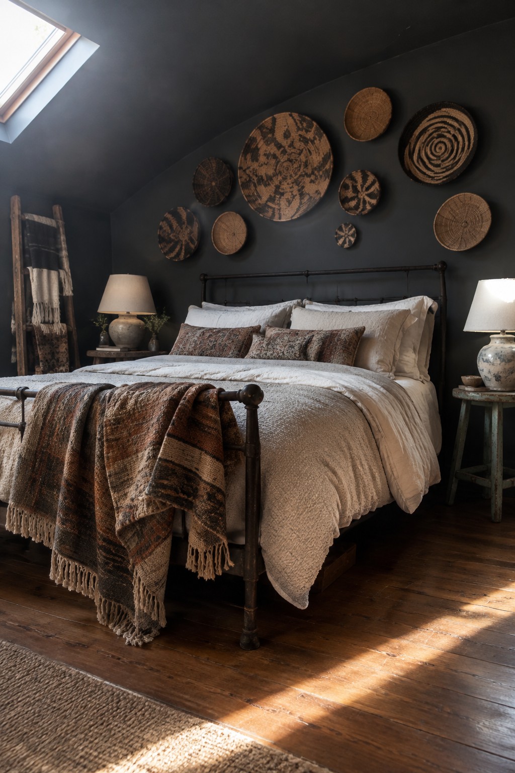 A dark bedroom with a metal bed, layered neutral bedding, patterned throws, and round woven baskets arranged above the headboard.