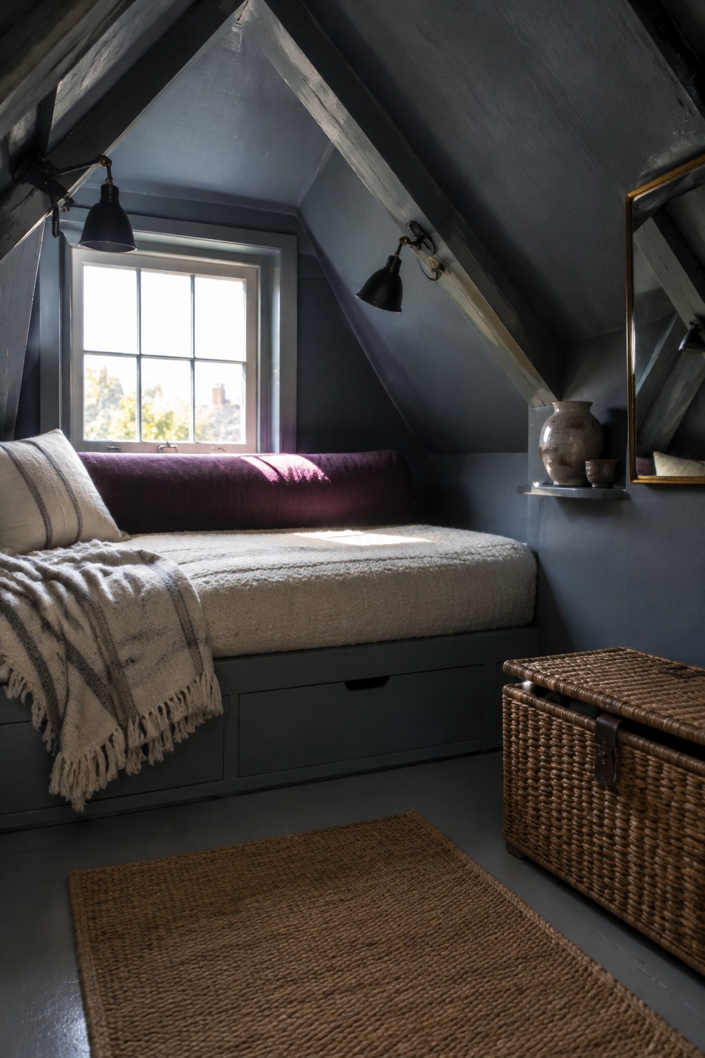 A built-in bed with drawers sits beneath a window in a dark gray attic bedroom.