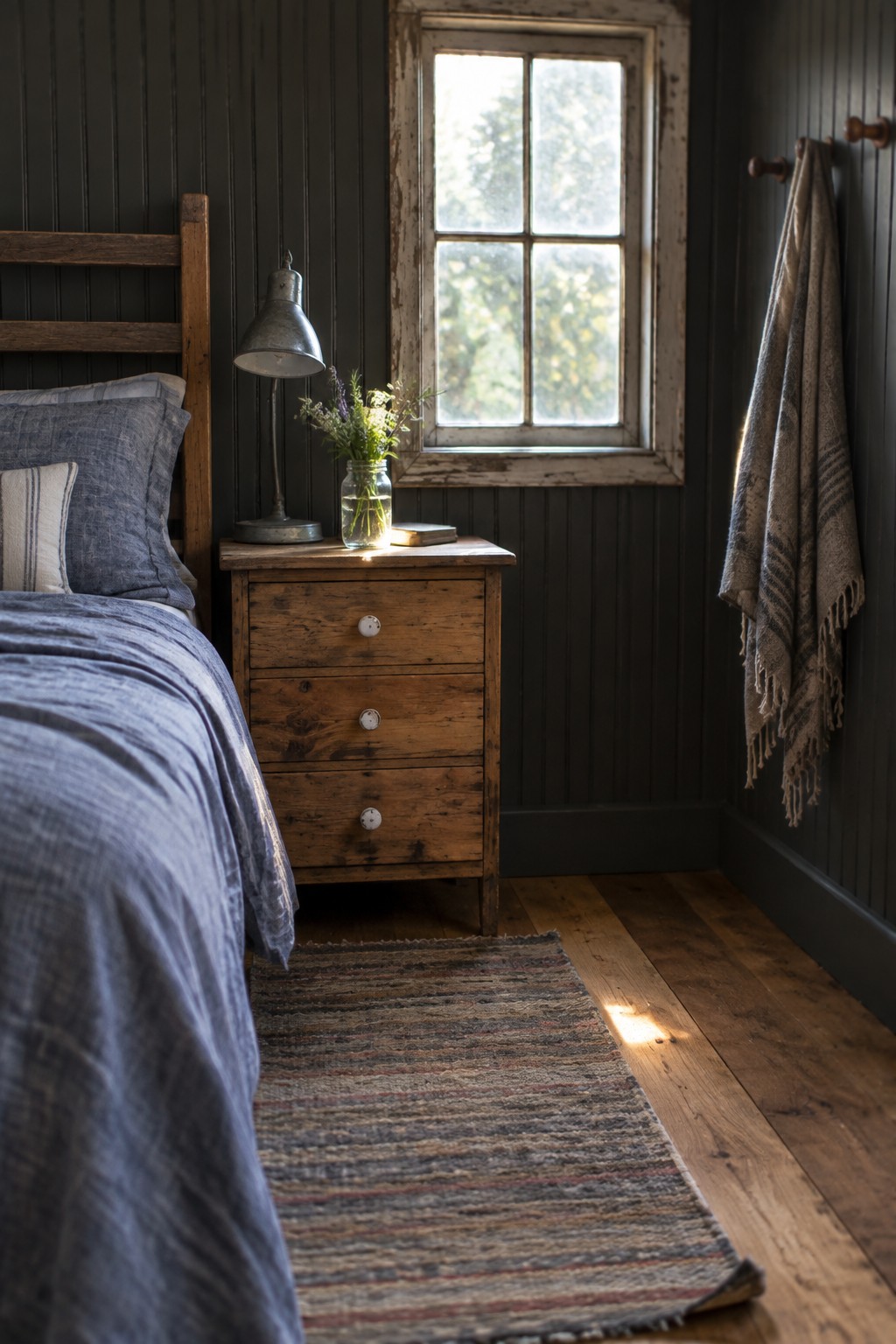 A small bedroom with dark paneled walls, a wooden bed and chest, blue bedding, and a window above the bedside table.