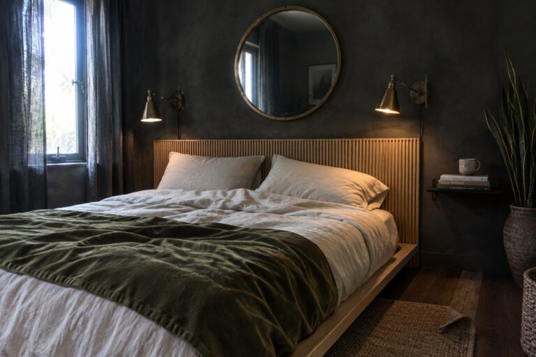 A small bedroom with charcoal walls, a wood-slat headboard, pale bedding, and a dark green throw.