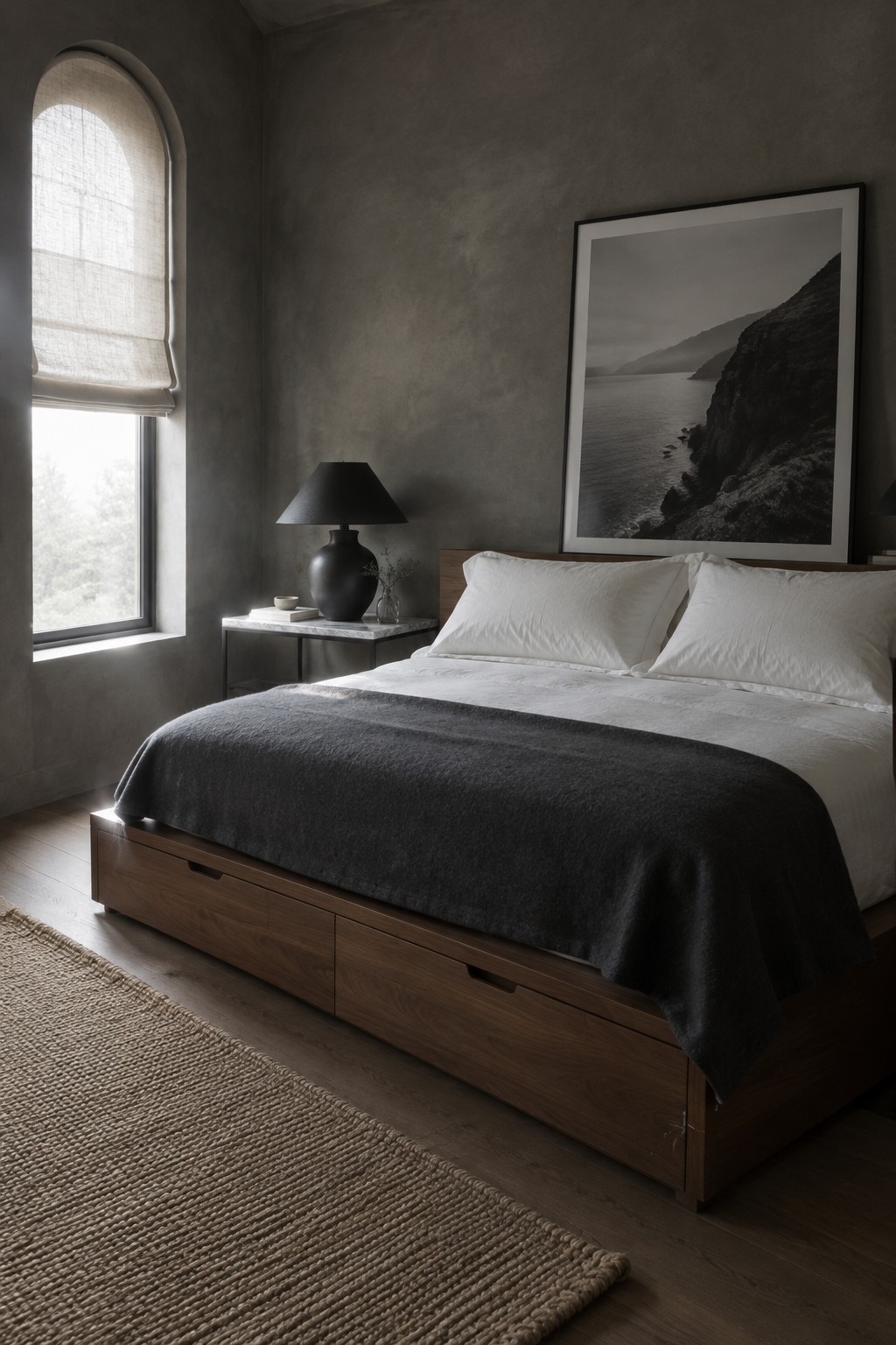A bedroom with charcoal-gray walls, a dark wood bed, white bedding, and a woven rug.