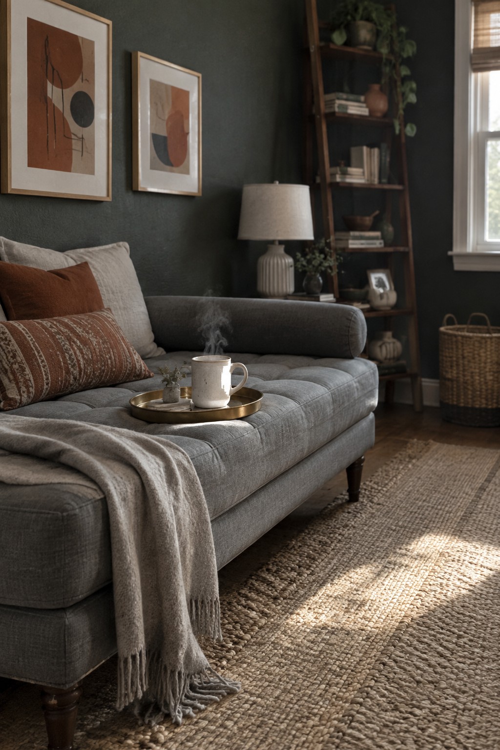 A gray sofa with rust-colored cushions sits against a dark green wall with framed abstract prints.