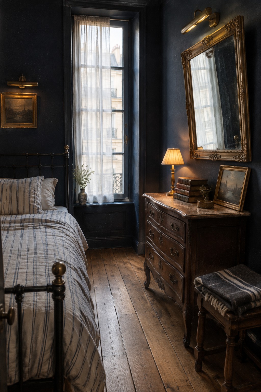 A small bedroom with dark walls, a tall window with sheer curtains, and a wooden dresser topped with a lamp and books.