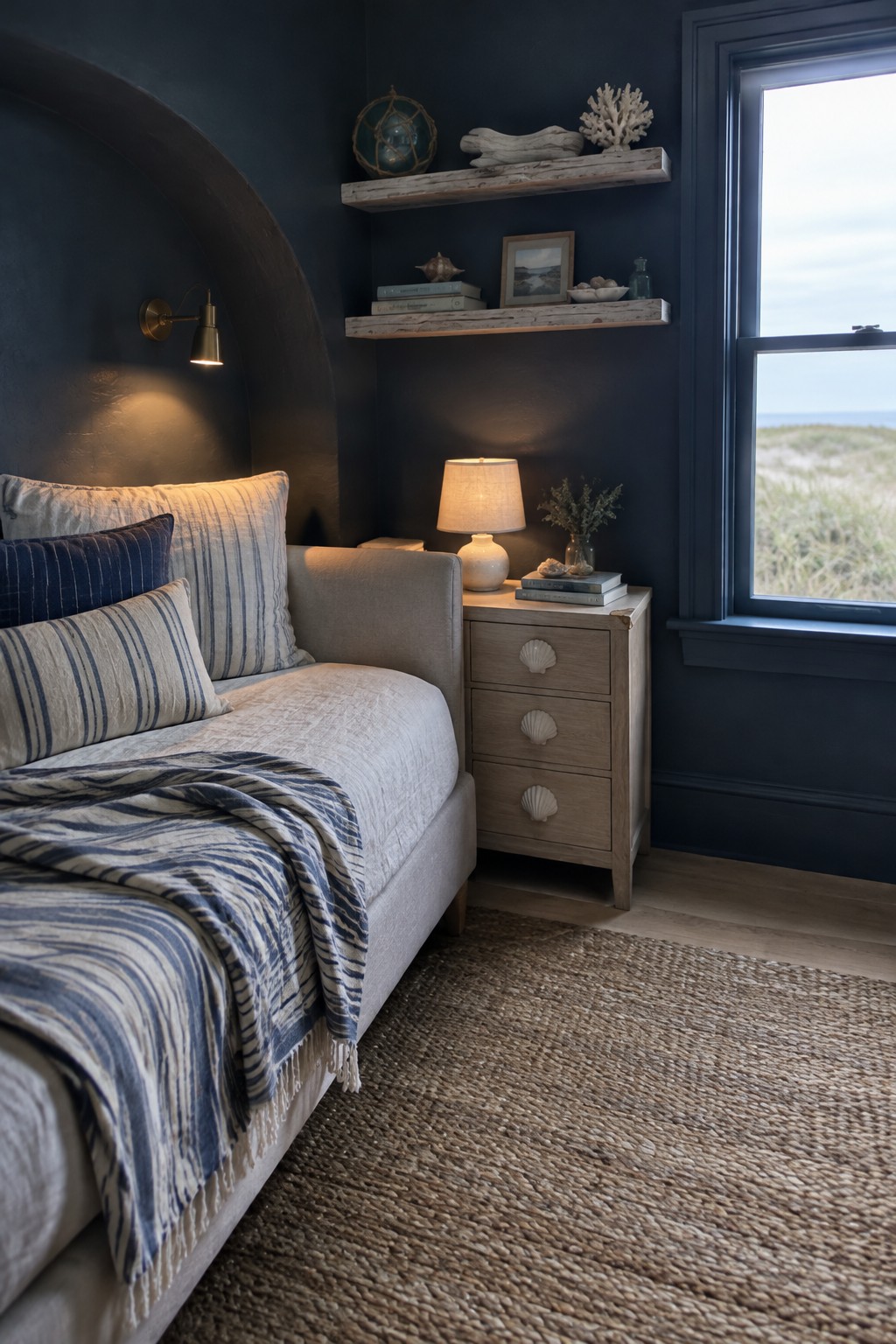 A small bedroom with dark blue walls, a light upholstered bed, striped blue bedding, and a woven rug.