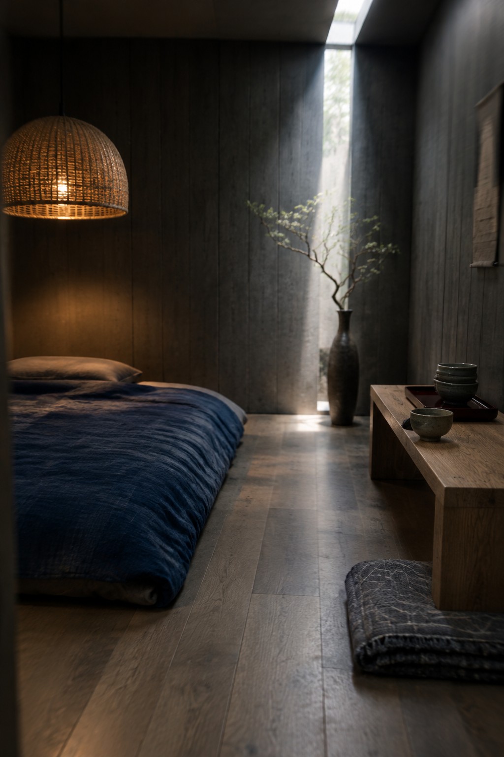 A small bedroom with dark paneled walls, a low bed with navy bedding, wood flooring, and a woven pendant light.