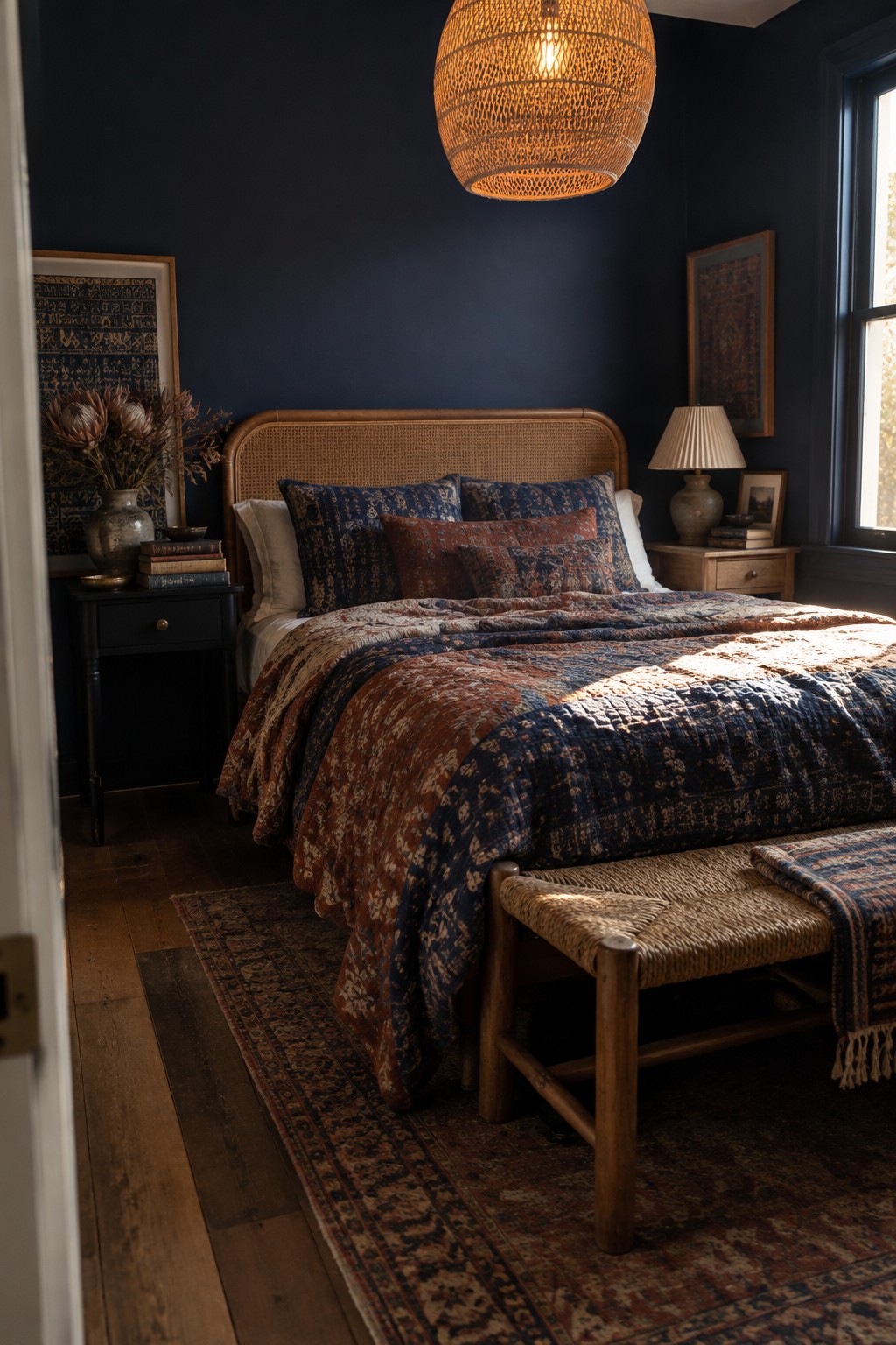 A small bedroom with dark blue walls, a cane headboard, patterned navy and rust bedding, and a woven pendant light.