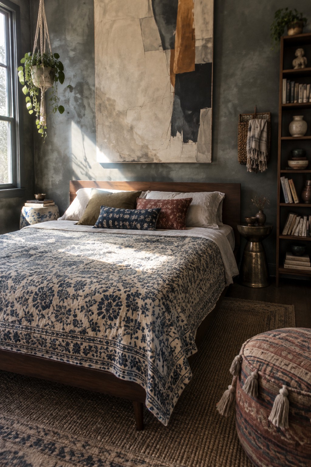 A bed with blue-and-cream patterned bedding sits against dark gray walls beneath a large abstract painting.