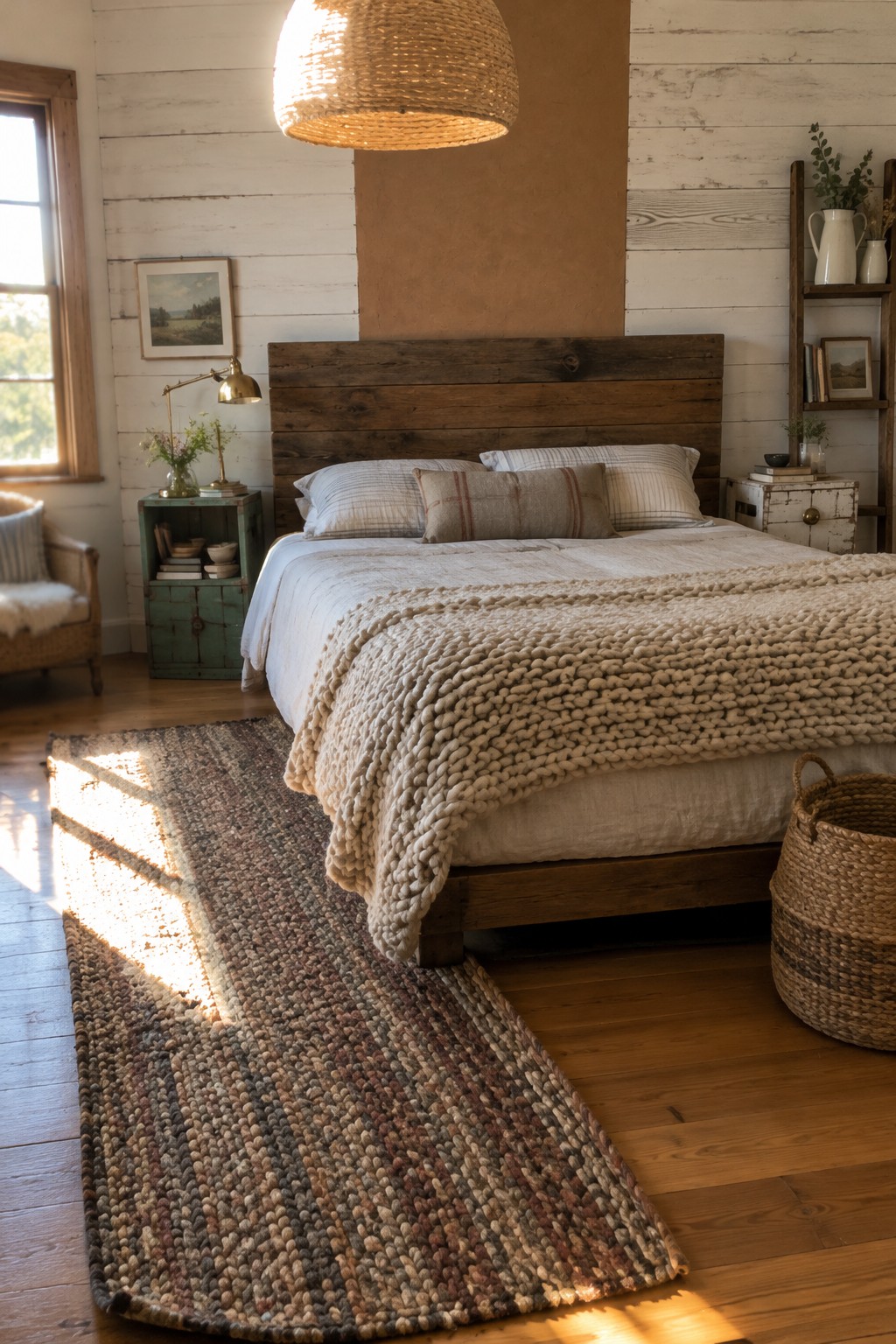 A dark brown plank headboard sits behind a bed with pale bedding in a bedroom with white plank walls.