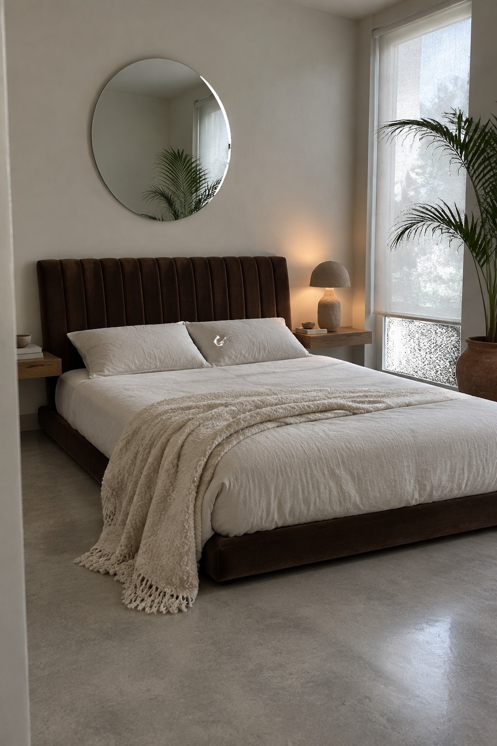 A chocolate brown channel-tufted headboard sits behind a bed with white bedding and pillows.