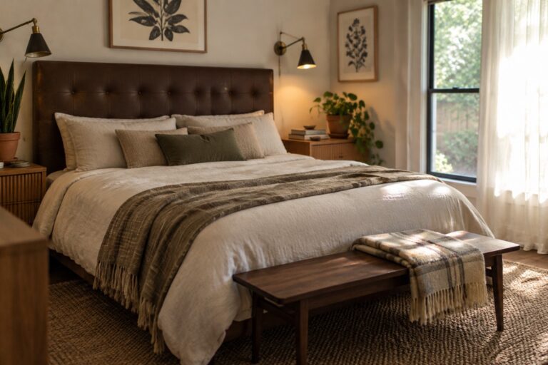 A bedroom with a button-tufted chocolate brown headboard, cream bedding, framed botanical prints, and warm wood furniture.
