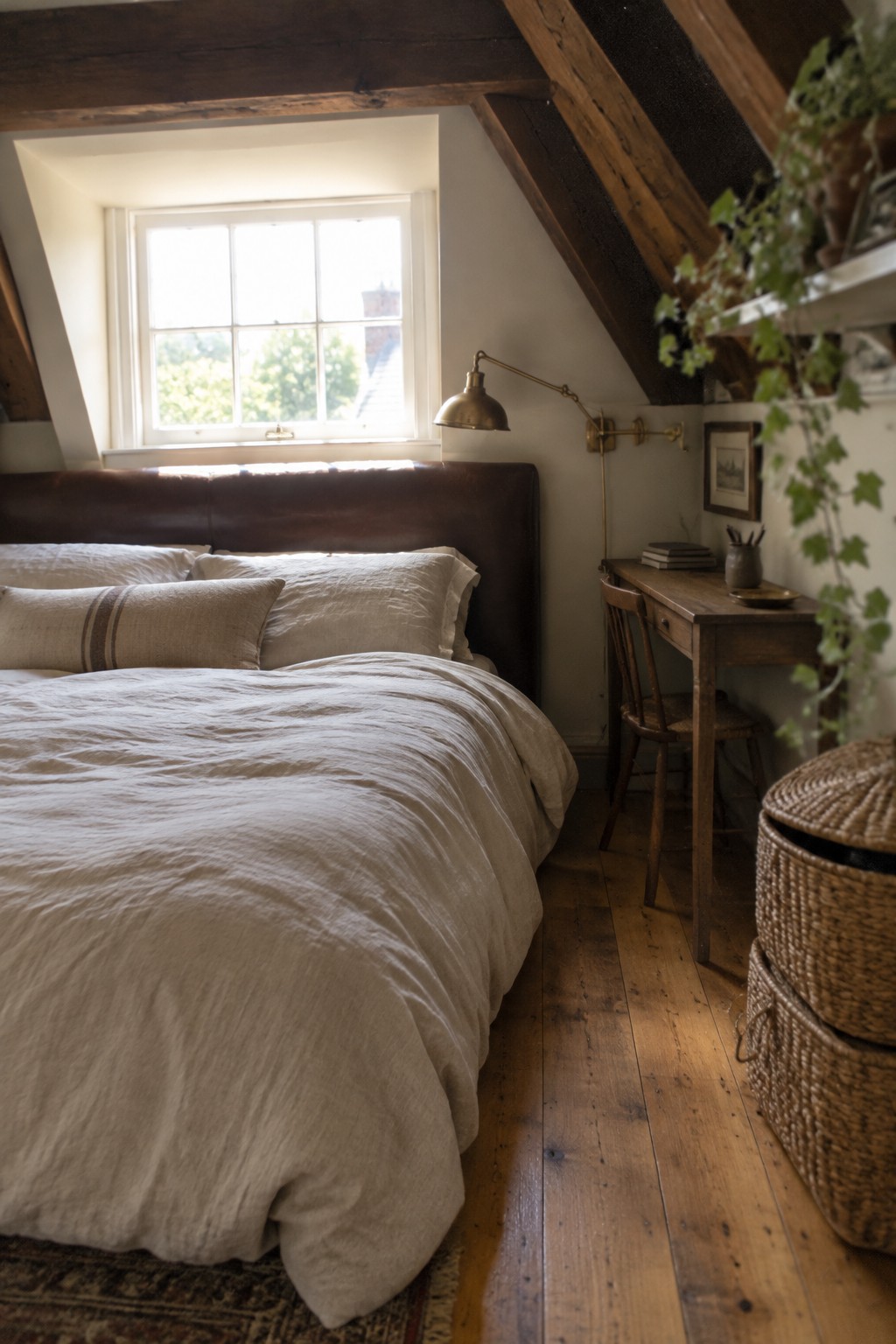 A bedroom with a dark brown headboard, white bedding, a dormer window, and exposed wooden ceiling beams.