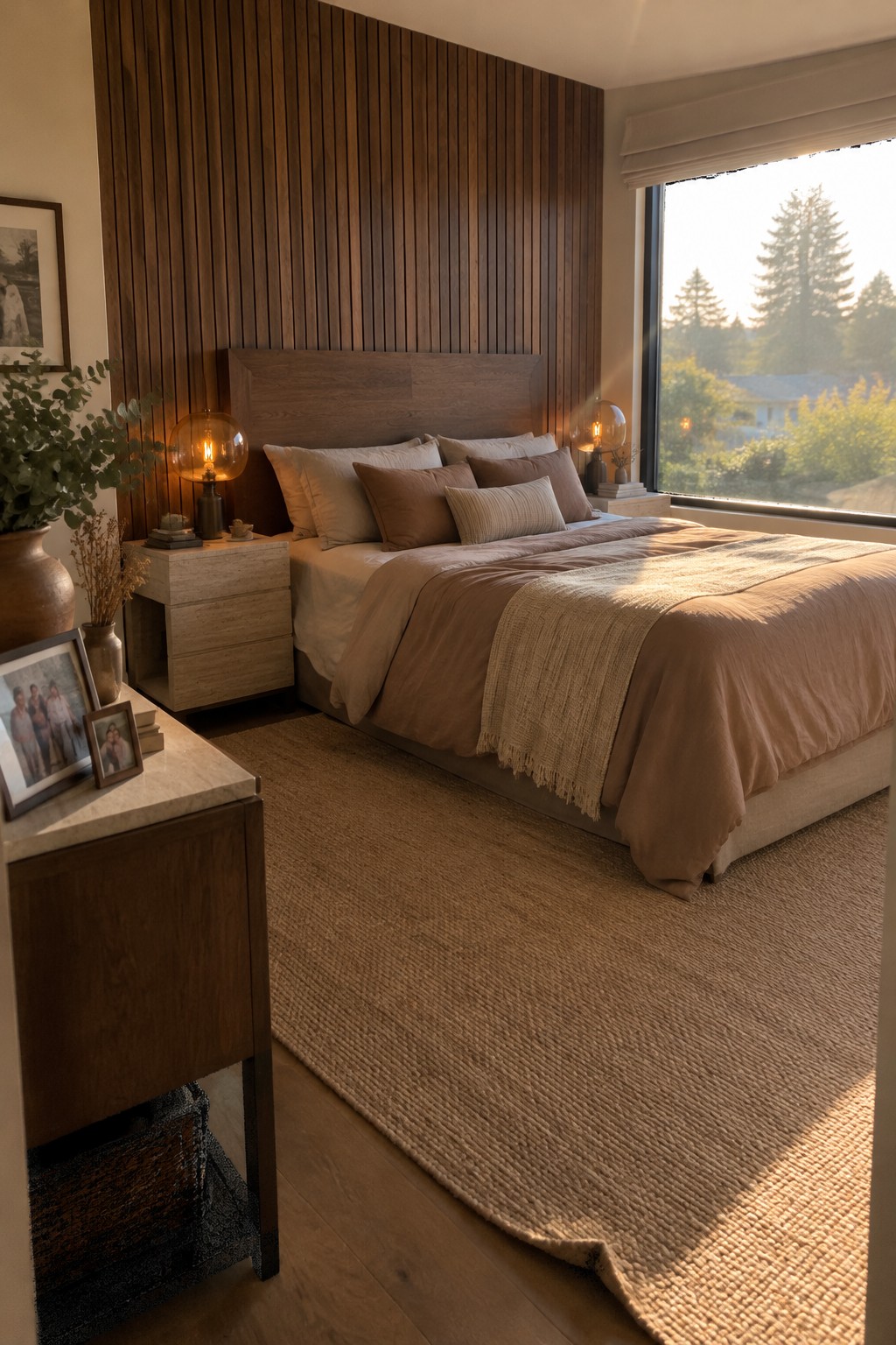 A bedroom with a brown wood headboard against a full-height slatted wood wall, neutral bedding, and a large window.