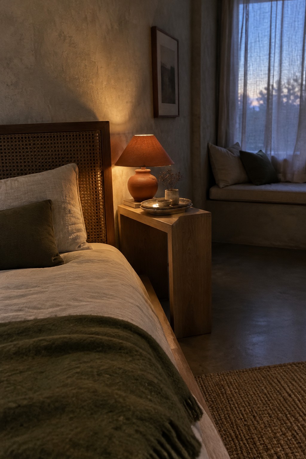 A cane-panel wood headboard beside a wooden nightstand with a lit table lamp.