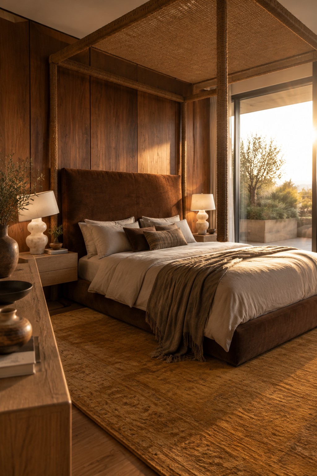 A bedroom with a chocolate brown upholstered headboard beneath a woven canopy frame, wood-paneled walls, and neutral bedding.