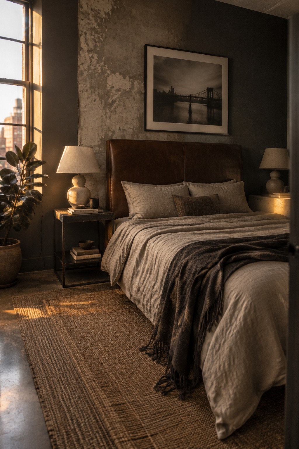 A bedroom with a chocolate brown leather headboard, neutral bedding, and a textured wall.
