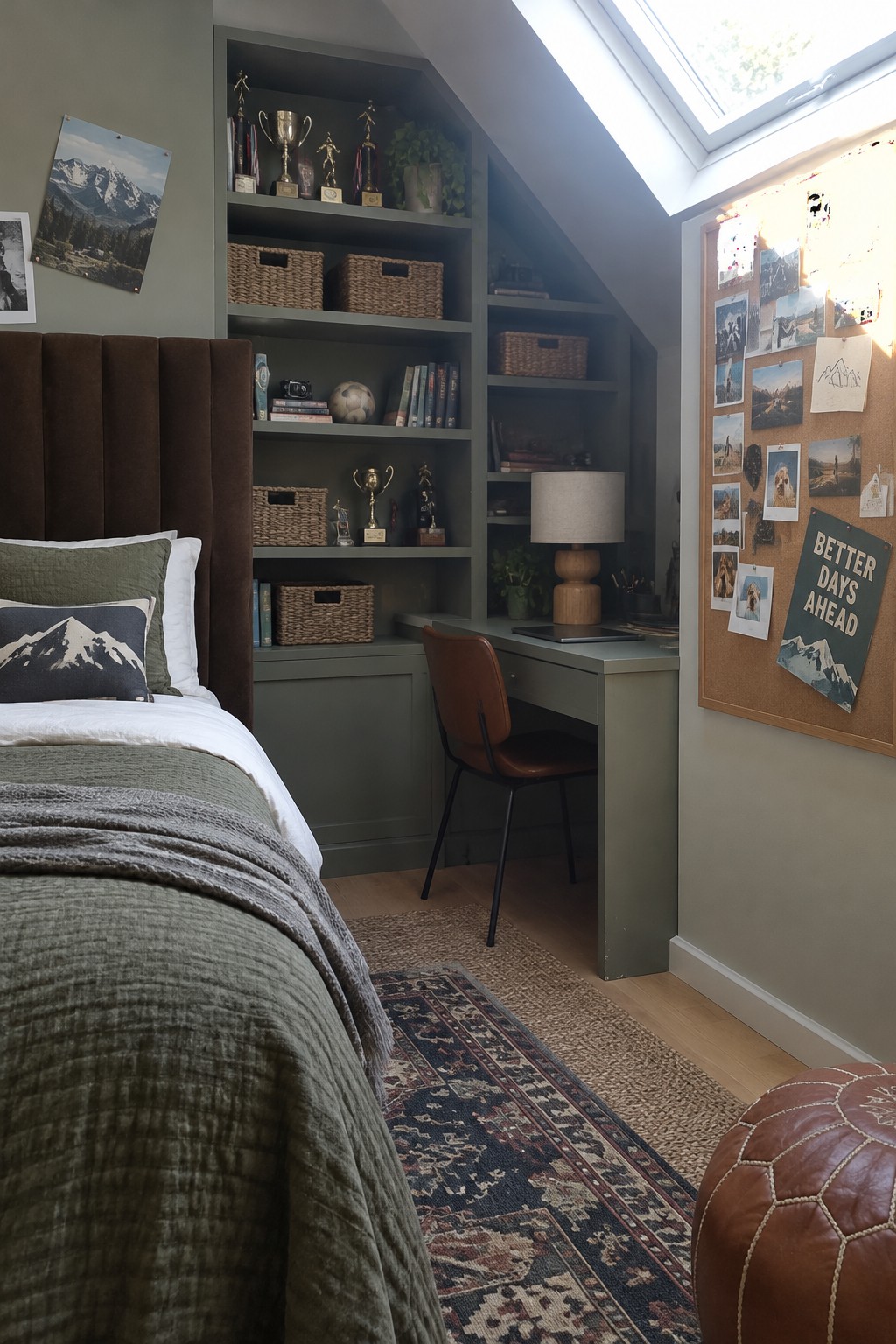 A bedroom with a chocolate brown upholstered headboard, built-in gray-green shelving and desk, and a skylight.
