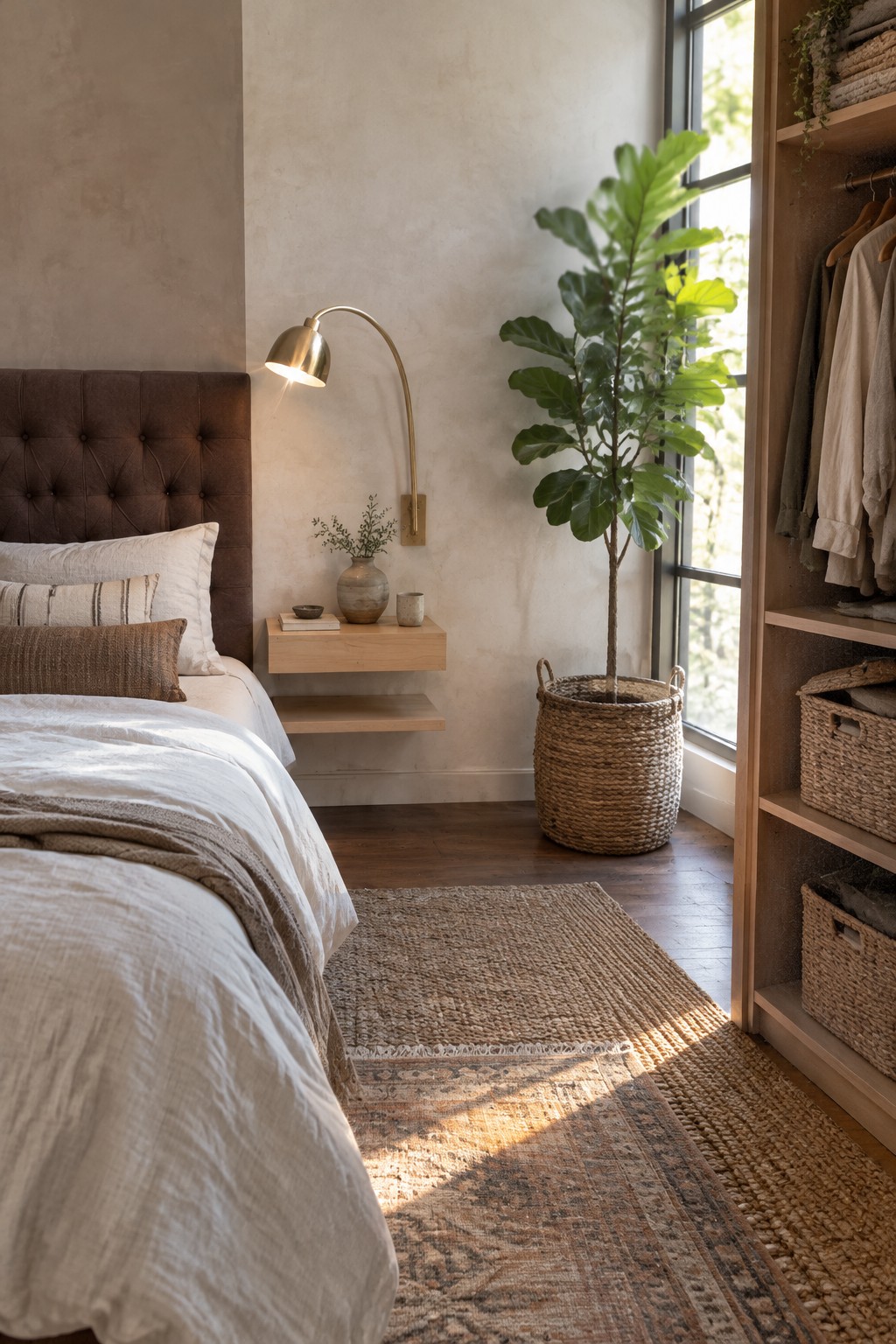 A bedroom with a dark brown tufted headboard, white linen bedding, a jute rug, and a woven basket holding a leafy plant.