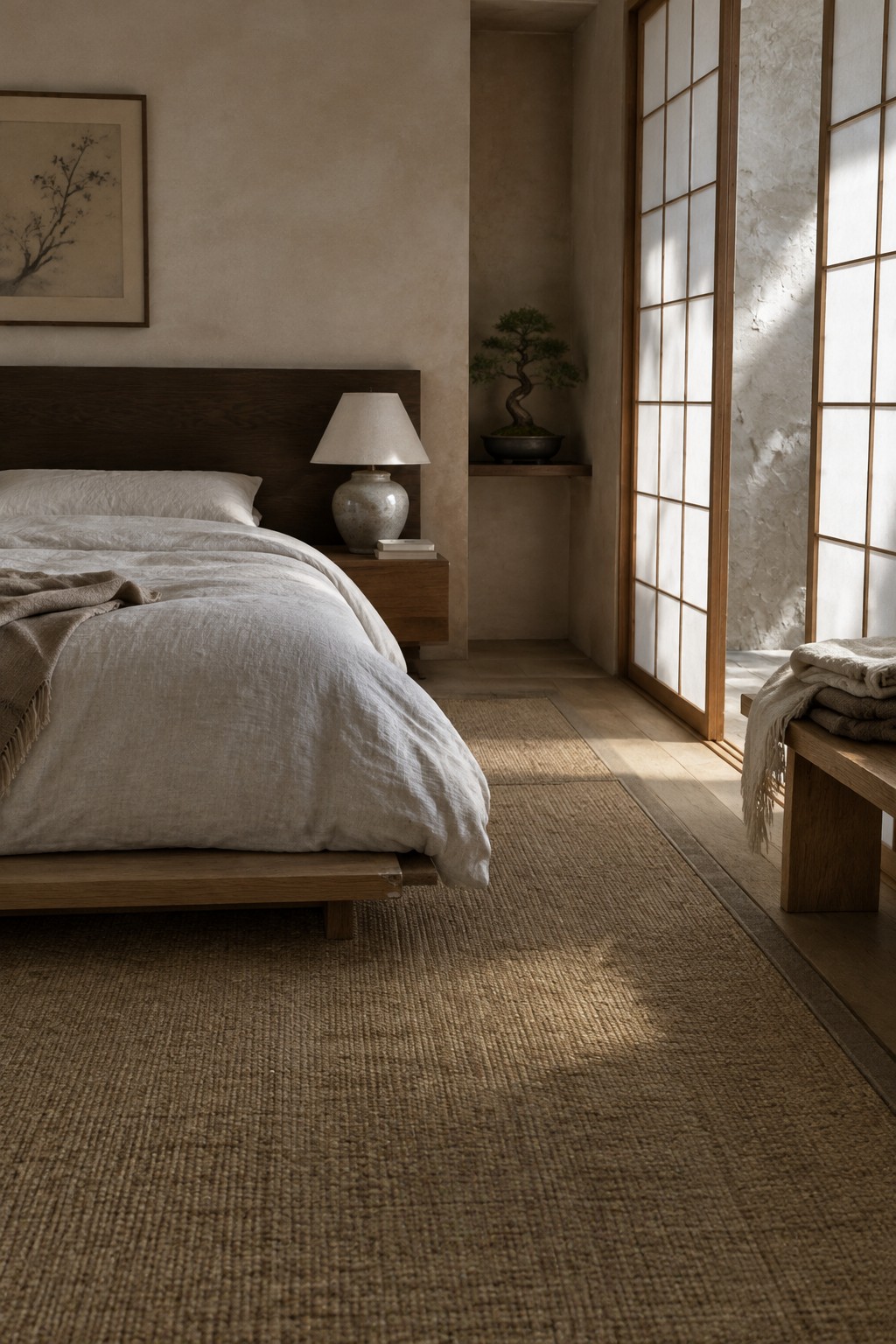 A bedroom with a dark wood headboard, pale linen bedding, a woven rug, and wooden shoji screens.