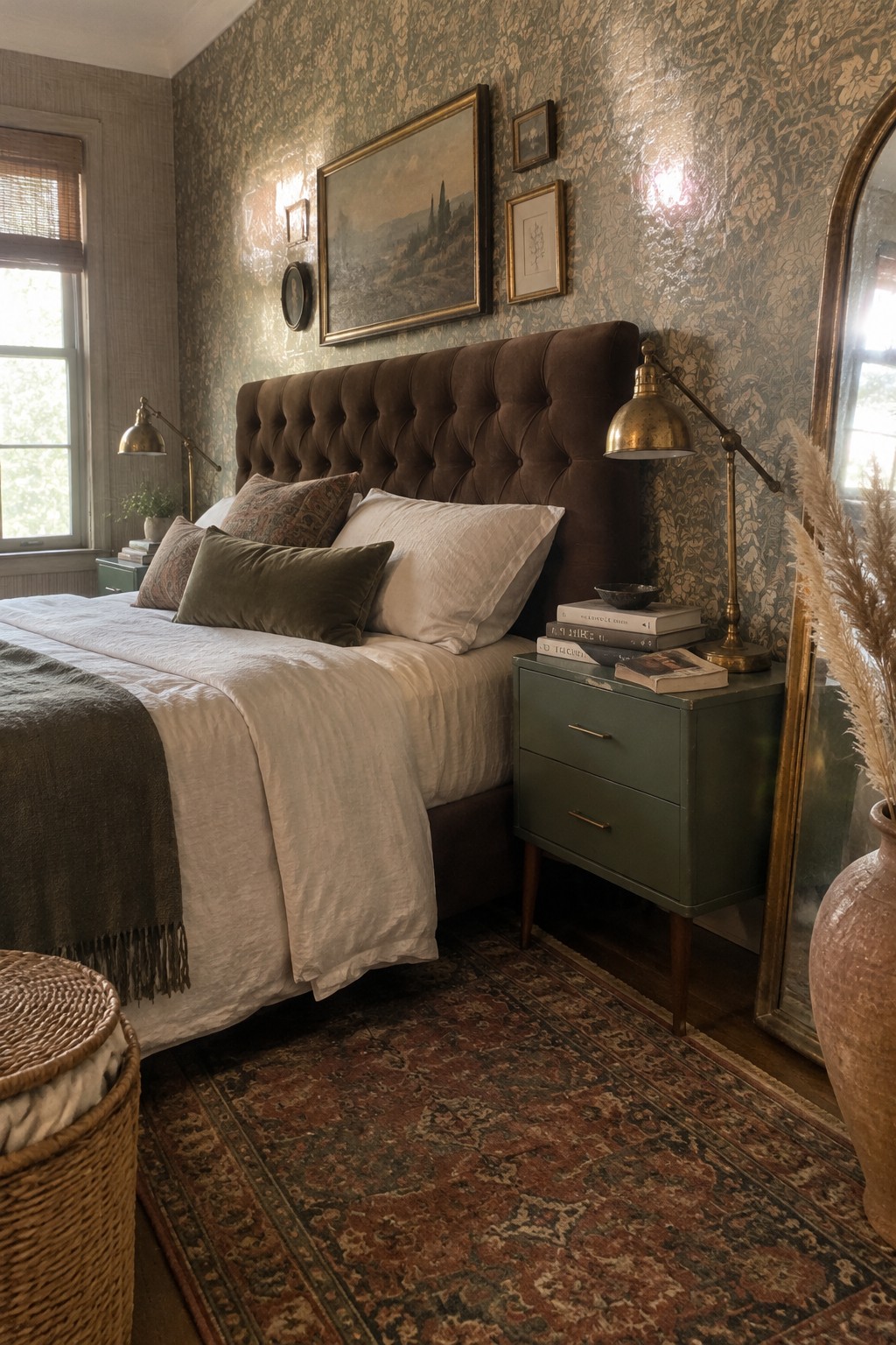 A bedroom with a chocolate brown tufted headboard against leafy patterned wallpaper, white bedding, and green bedside tables.