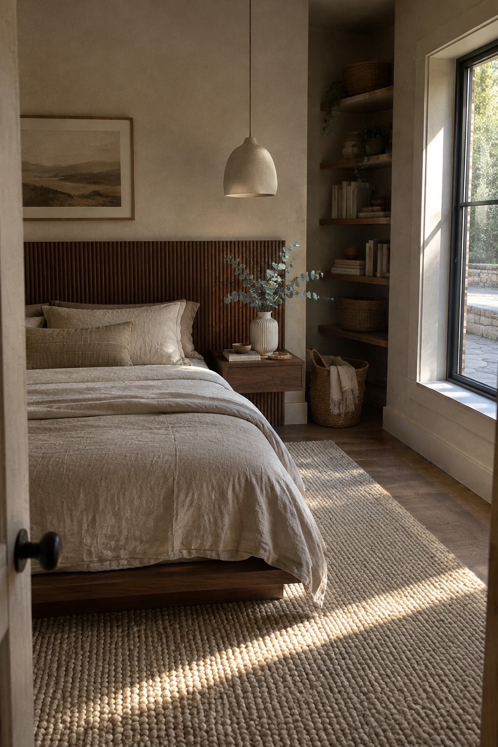 A bedroom with a low bed, cream bedding, and a vertical wood slat wall behind the headboard.