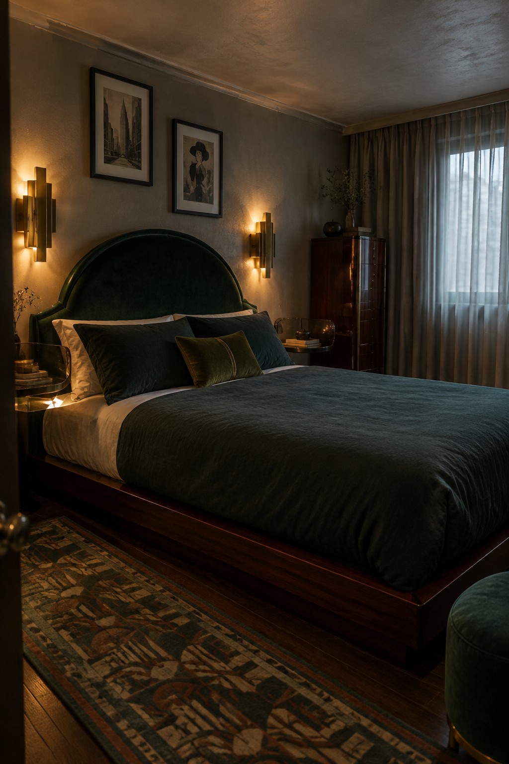 A bedroom with a dark green curved headboard, matching bedding, brass wall lights, and framed artwork.