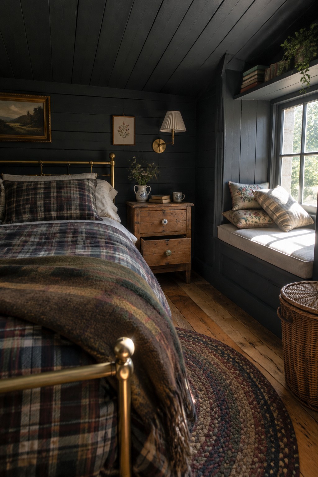 A compact bedroom with plaid bedding, dark paneled walls, a brass bed, and a cushioned window seat.