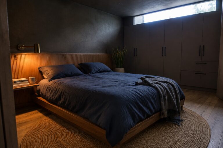 21 Moody Bedroom Ideas for Low Ceilings and Compact Layouts A compact bedroom with a low wooden bed, navy bedding, a slatted wood headboard, dark wardrobe doors, and a high horizontal window.