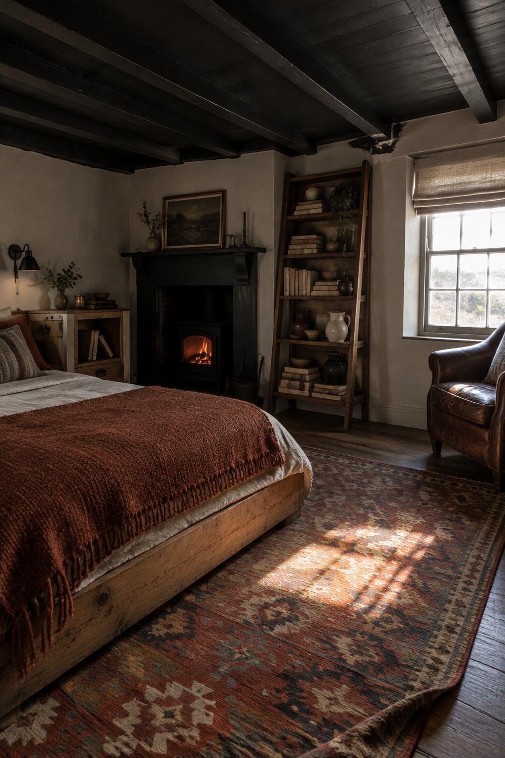 A rustic bedroom with dark exposed ceiling beams, a wooden bed, a fireplace, a leaning bookshelf, and a patterned rug.