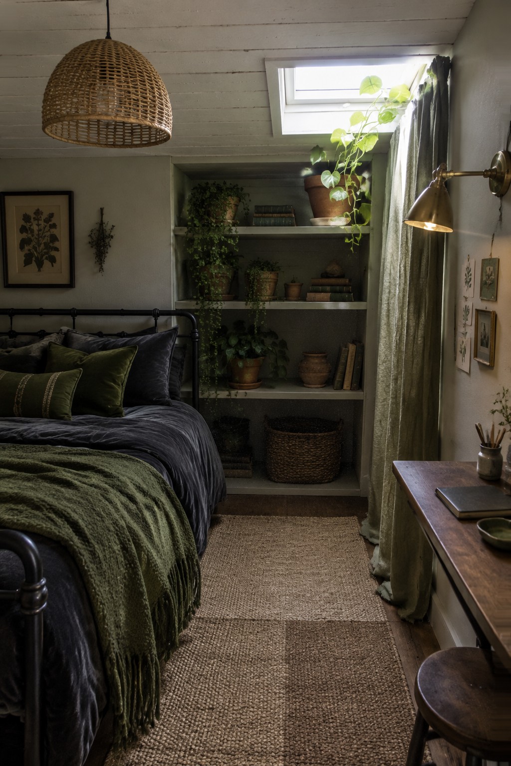 A compact bedroom with recessed shelves holding books and plants beside a dark metal bed.