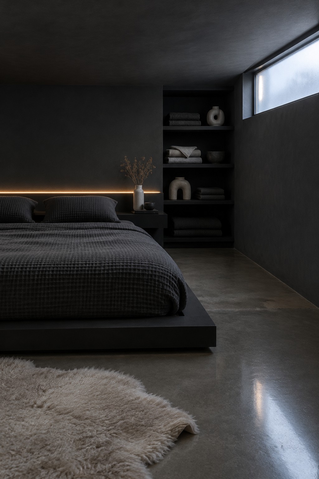 A low dark platform bed sits beside recessed shelves with folded towels and pottery in a dim bedroom.