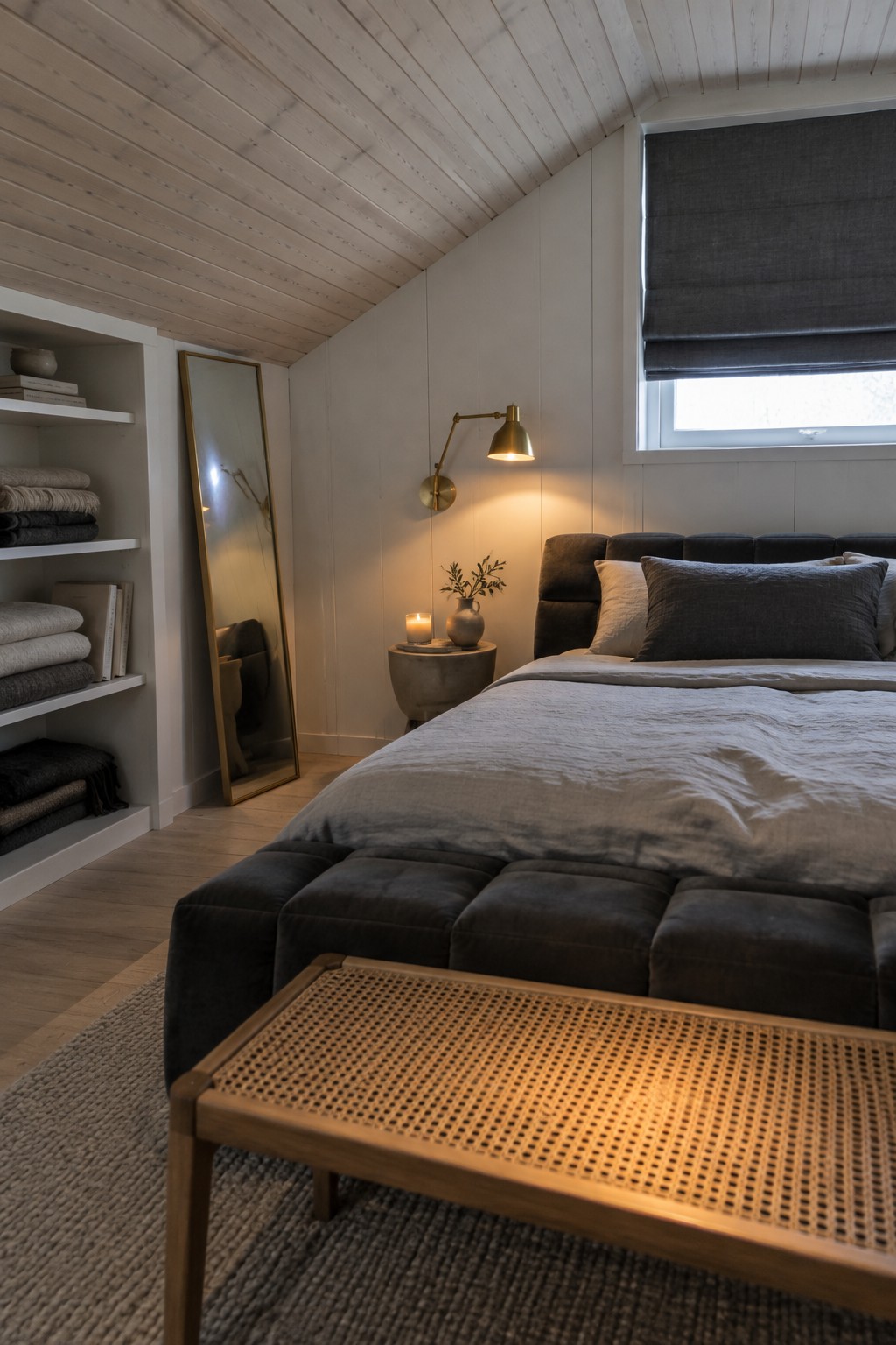 A low upholstered bed sits beneath a sloped wood ceiling in a compact bedroom.
