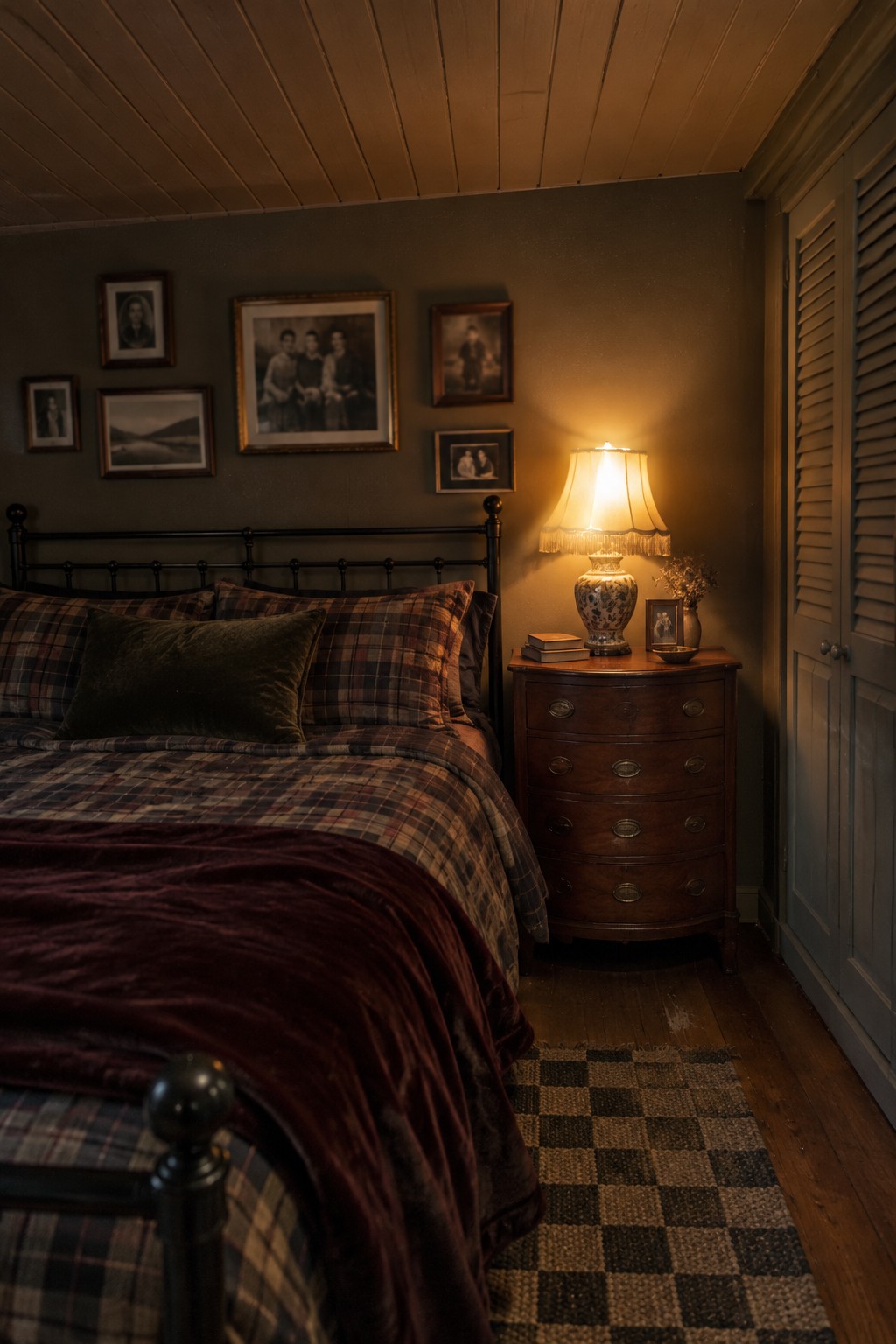 A narrow bedroom with a plaid bed, a small curved-front bedside chest, and a warm table lamp.