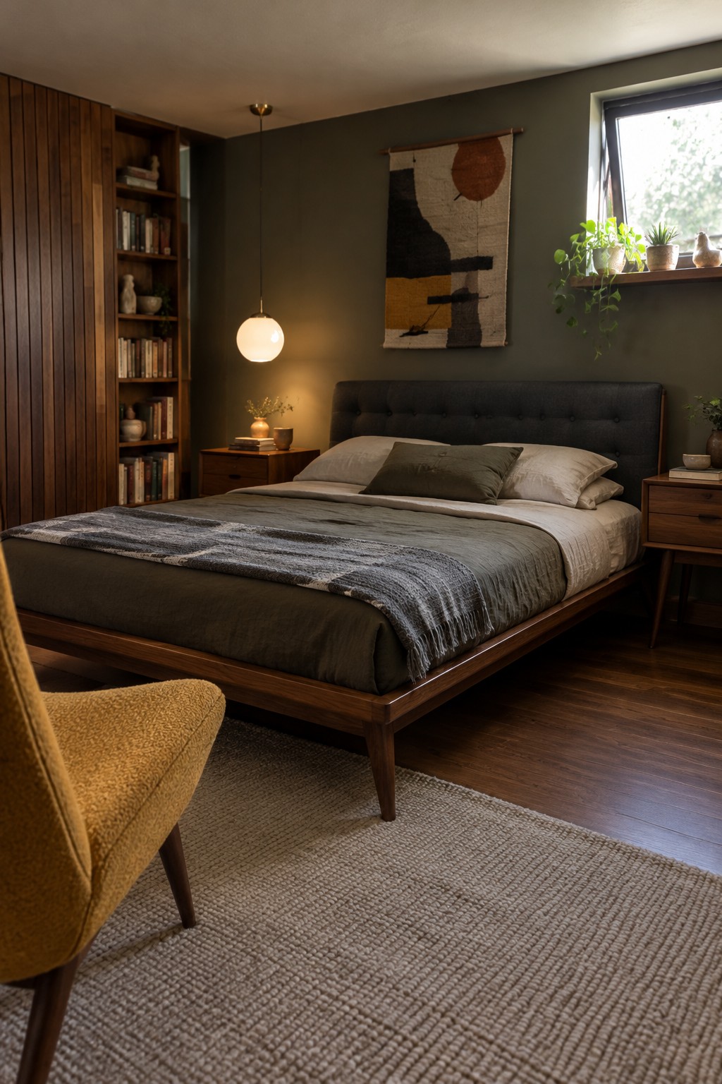 A low wooden platform bed with dark upholstered headboard sits in a bedroom with a woven rug and mustard chair.