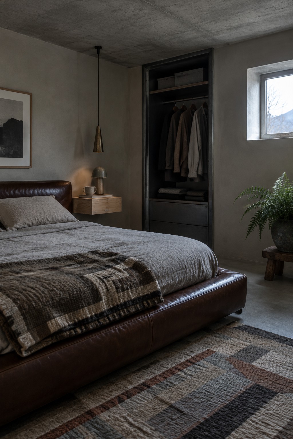 A compact bedroom with a recessed open closet holding coats and folded bedding beside a low bed.