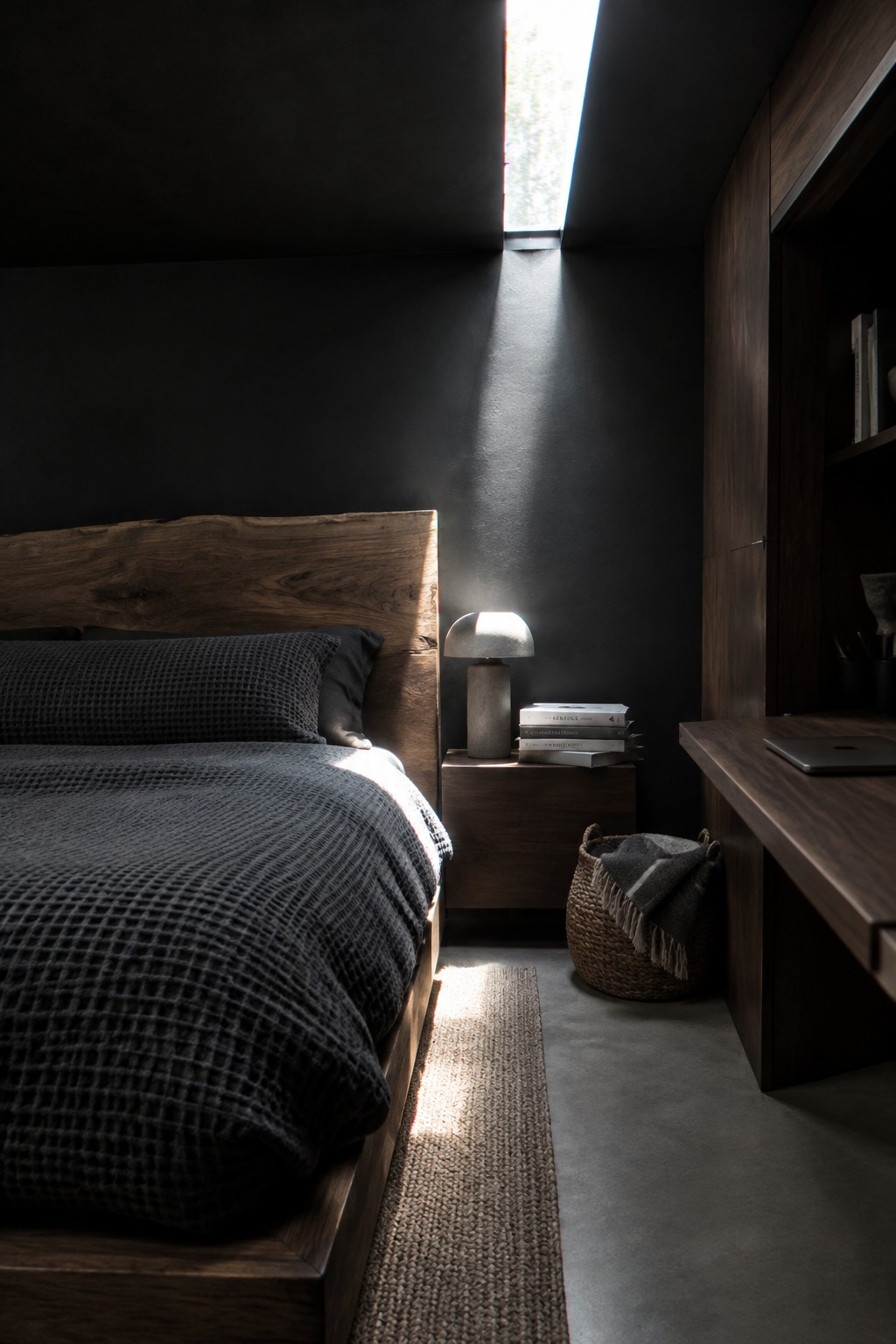 A dark compact bedroom with a narrow skylight, a low wooden bed, and a built-in desk.