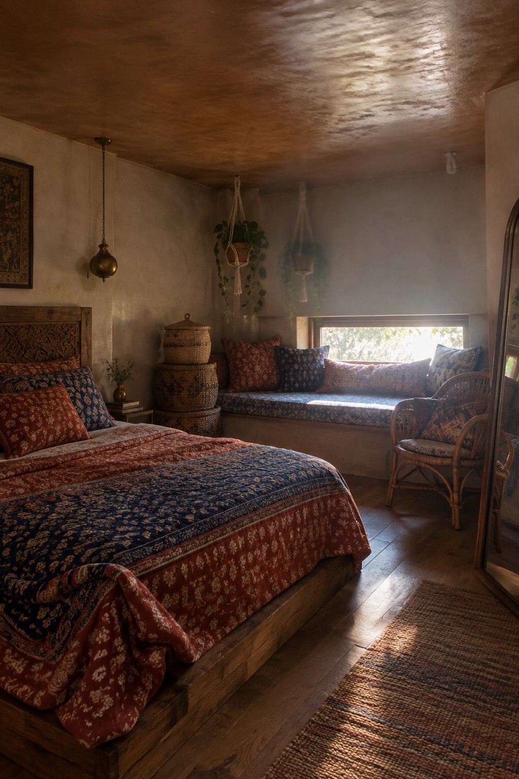 A bedroom with a wooden bed, patterned bedding, a built-in window seat with cushions, and a wicker chair.