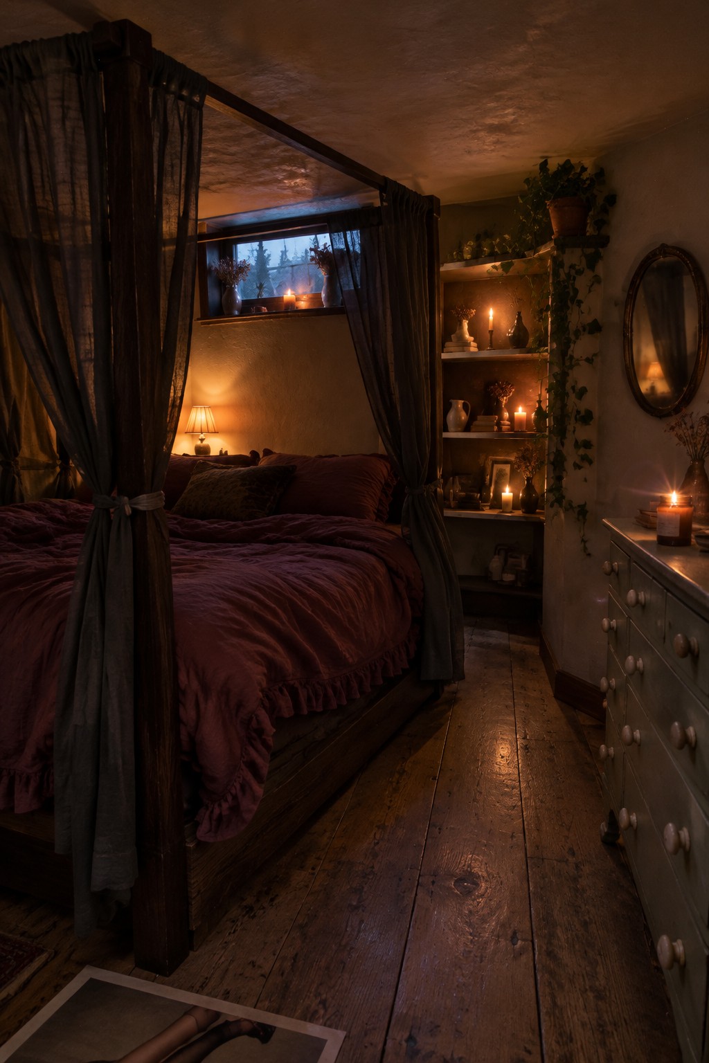 A dark wood canopy bed with tied-back charcoal curtains and burgundy bedding in a compact bedroom.